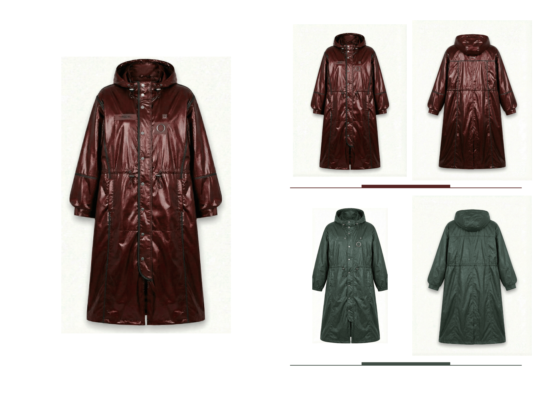 Brown and green raincoats shown from multiple angles on a white background